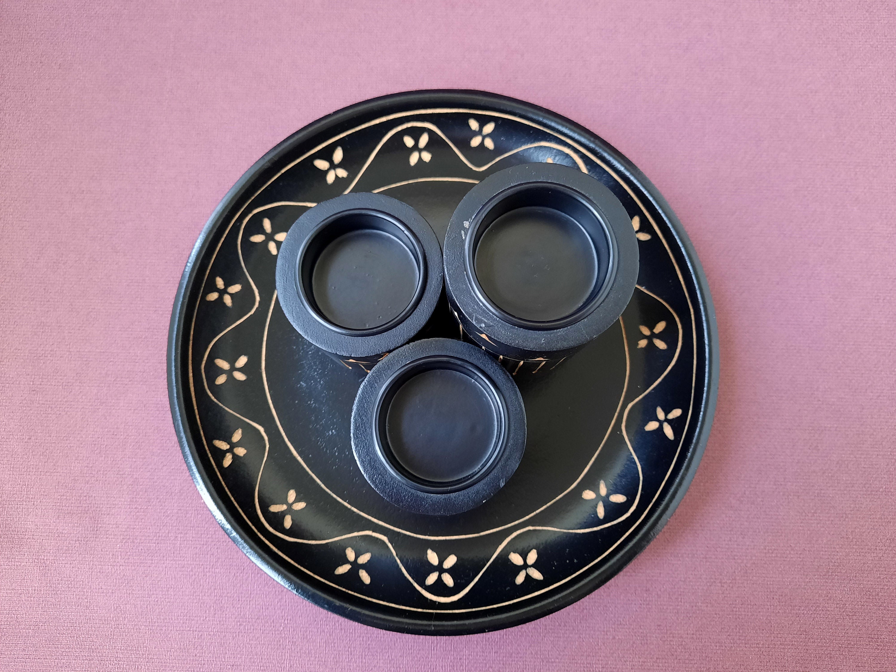 Vintage Wooden Candlestick Wooden Plate with Three Candle Etsy