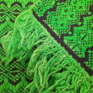 May include: Close-up of a green and black woven rug with a fringe border. The rug has a geometric pattern.