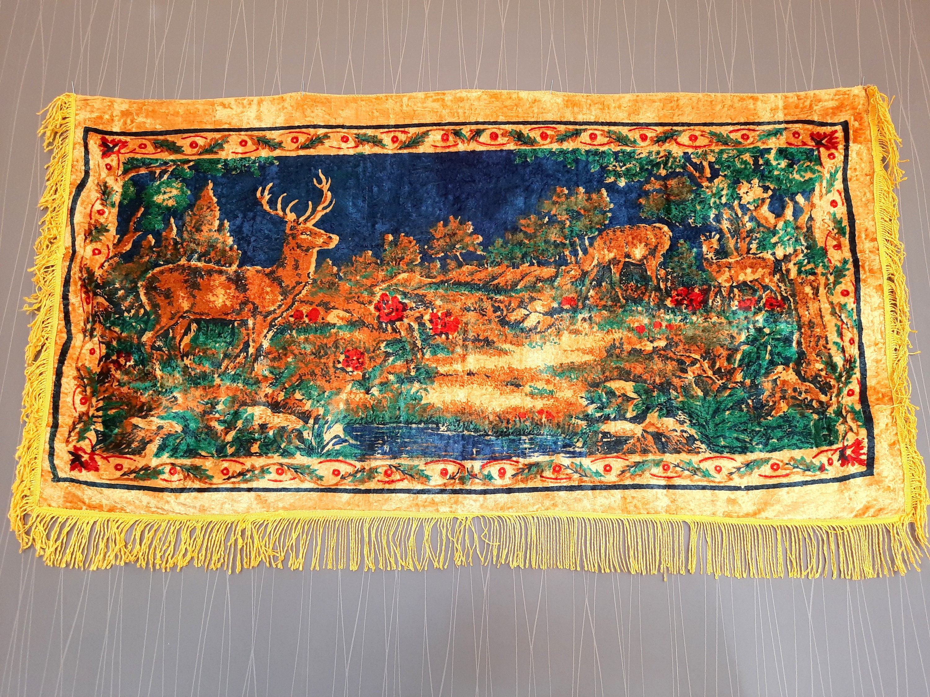 Tenture Murale Velours Vintage – Cerfs Et Paysage Nature – 73 X 48 Pouces – Décoration Western