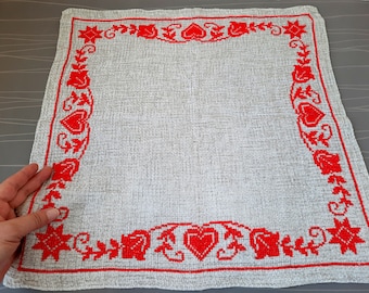 Vintage hand embroidered tablecloth,  Embroidered red flowers and hearts