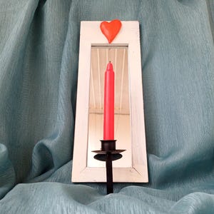 Wooden candle holder with mirror, Wall candle holder, Candle sconce, Heart
