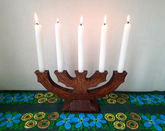 Vintage Scandinavian Wooden Candelabra for 5 Candles, Hand Carved Candlestick, Large Candelabra, Scandinavian Design, Table Decor, Sale