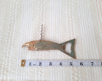Vintage brass bottle opener, Brass corkscrew, Brass wine opener, Fish, Collectible, Gift, Sale