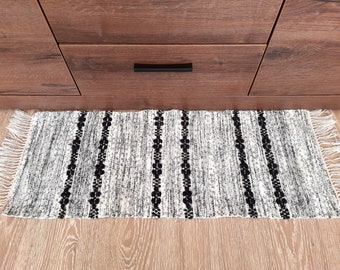 Vintage Scandinavian rag rug, Hand woven floor runner, White and Black, Handmade rug, Rustic home decor, Free delivery, Sale