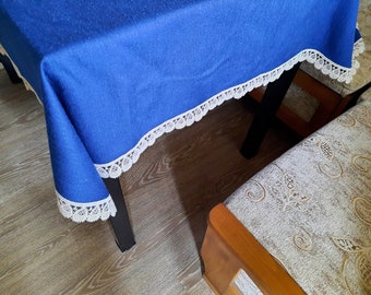 Vintage blue linen tablecloth 82 x 55", Retro tablecloth, Free delivery, Sale