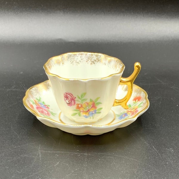 Limoge Miniature Demitasse Teacup and Saucer – Pink, Blue, Yellow, Peach Flowers – Gold Guiding – Teacup - 1.25 Inches Tall