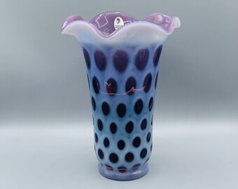 Fenton - Plum Opalescent Coin Dot Art Glass Vase. Purple/Plum inside with Ruffled Rim stands 8" Tall 5 1/2" wide - Plum / Purple / Amethyst