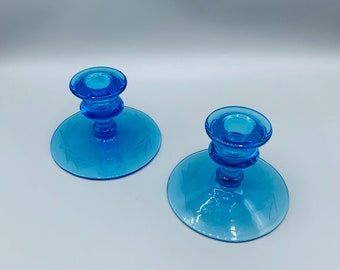 Fostoria - Royal Blue – Uranium - Glows – Etched Candle Sticks – Depression Era