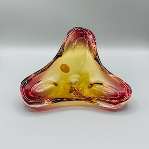 Murano Boomerang Venetian Midcentury Modern Biomorphic Bowl Cranberry to Golden in color
