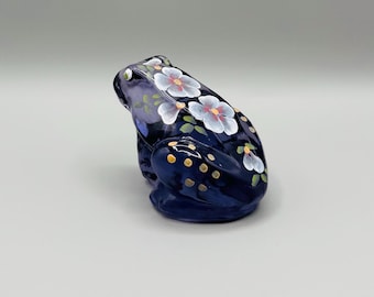 Fenton Art Glass Frog - Violet Transparent Glass - Glows with Black Light - Hand Painted Flowers - Signed by Artist C Griffiths