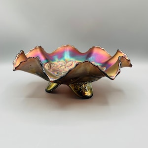 Antique - Northwood - Amber Carnival Glass Bowl Ruffled - Three Fruit Medallion - Footed