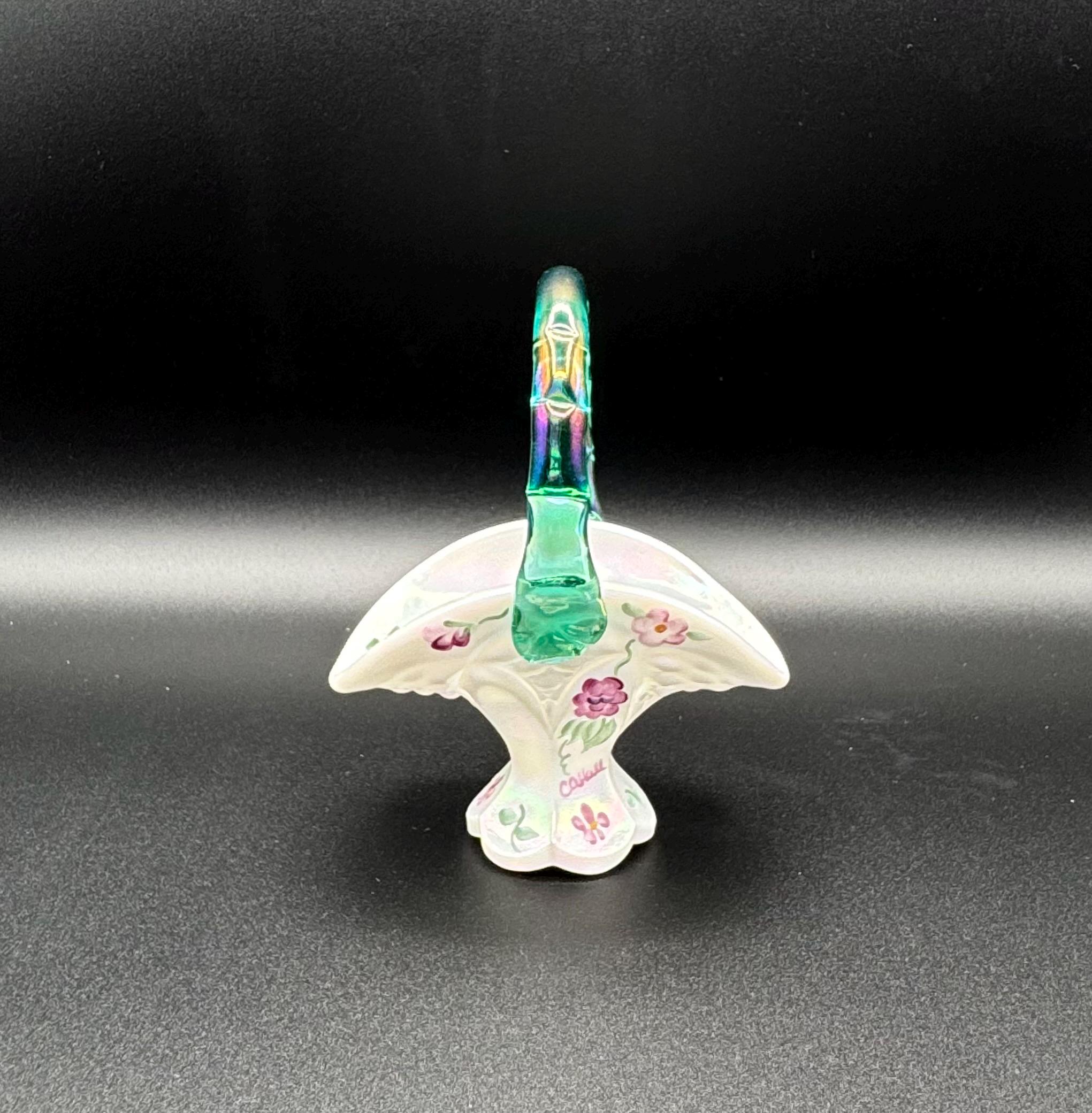 フェントン アクアグリーン デイジー＆ボタン イリデセントグラス ミニバスケット フェントン アクアグリーン デイジー＆ボタン イリデセント