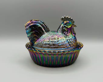 Westmoreland by Rosso - Rooster on Nest - Titanium Carnival Glass - Split Tail - 5.5" Length