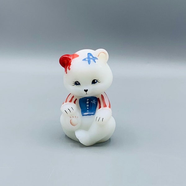 Fenton -Art Glass Patriotic Bear White Satin Glass Star and Stripes - Handpainted & signed by Artist -NOS -Fenton Foil Sticker- Original Box