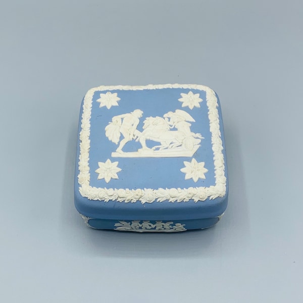 Wedgwood -Jasperware White on Blue - Trinket/Jewelry Box - Matte Finish - Made in England