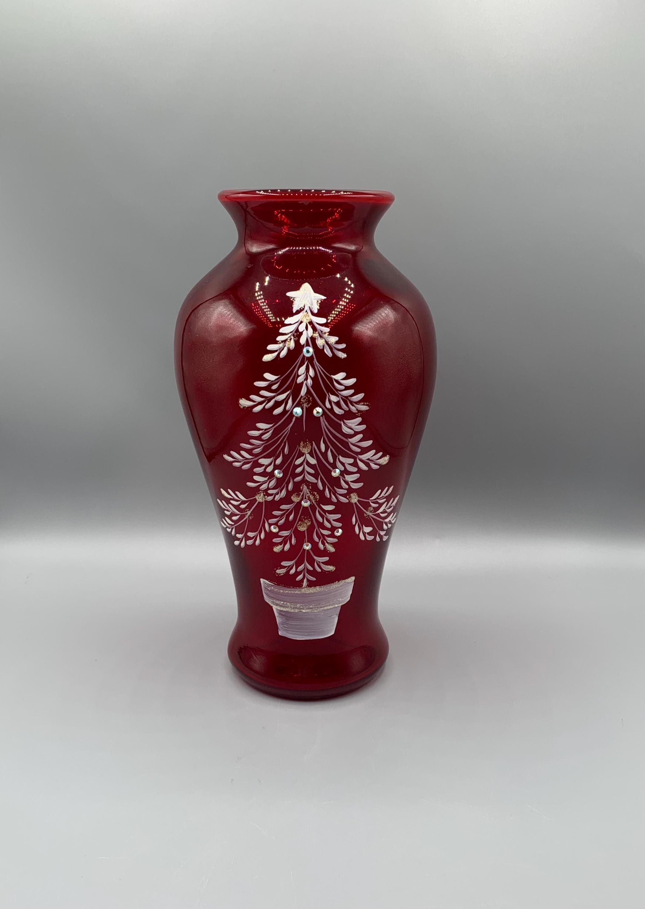 FENTON - Ruby Red Vase - Handpainted Christmas Tree With Nine