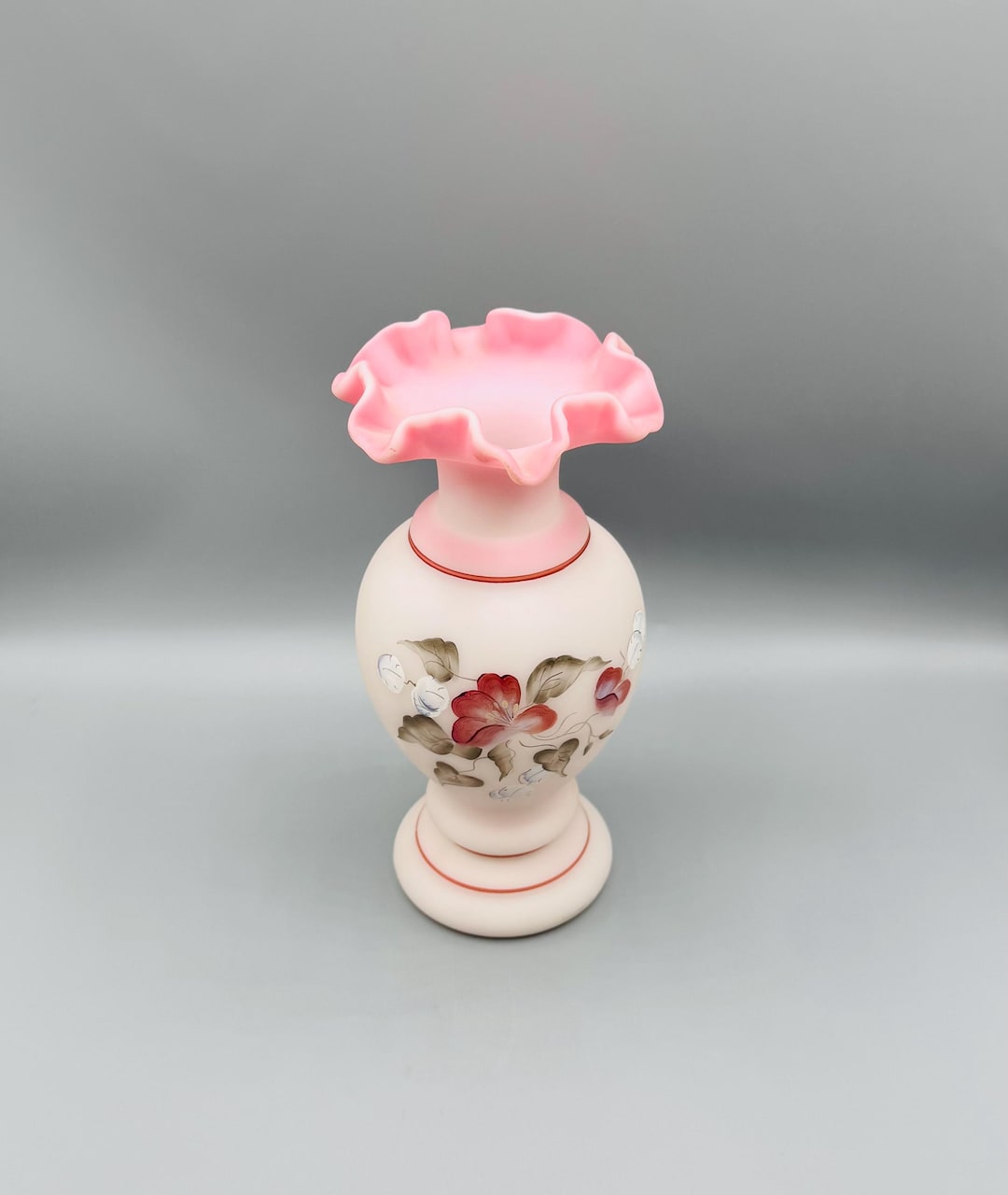FENTON - Rosalene Satin Glass Vase - Hand Painted Florals by