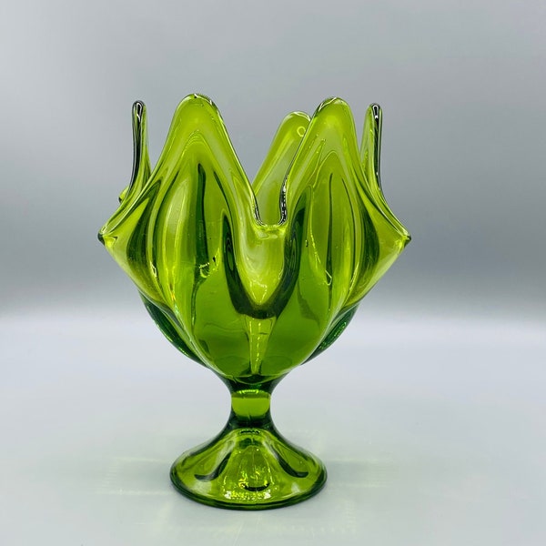 Viking Epic Glass - Six Petal - Avocado Green - Compote Vase - Midcentury Modern - 7” Tall