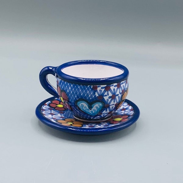 Tonala Mexico Pottery- Demitasse Teacup and Saucer - Hearts and Flowers Design - Signed by Artist- Made in Mexico