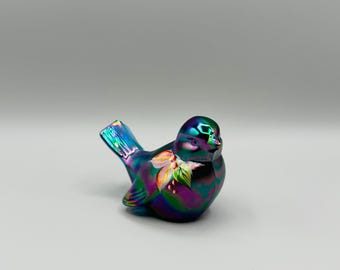 Fenton - Turquoise Carnival Glass - Songbird - Hand Painted Berries and Leaves - Artist Signed T Neader Fenton Logo