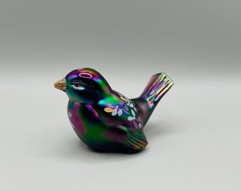 Fenton - Plum Carnival Glass Songbird - Hand Painted Pinwheel Floral - Gold Frit on Beak - Artist Signed J Green - Fenton Logo