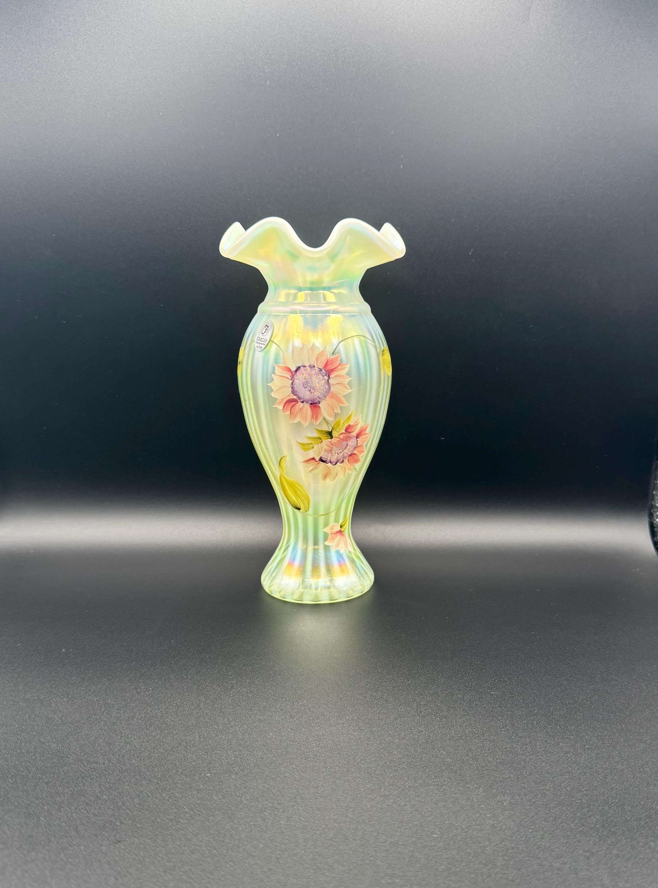 FENTON- Topaz Opalescent Rib Optic Iridized Vase- Handpainted
