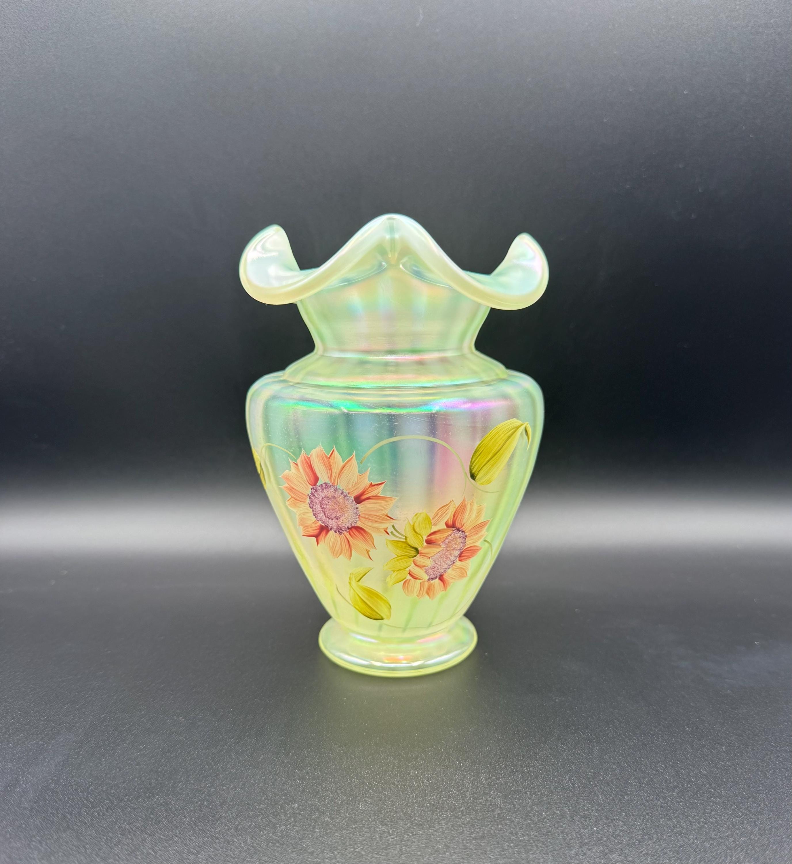 FENTON- Topaz Opalescent Rib Optic Iridized Vase- Handpainted