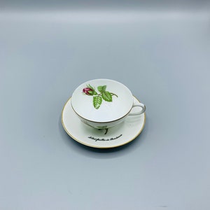 Limoges Petite Teacup and Saucer - France Porcelaine de Paris with Single Pink Rose - Gold Gilding