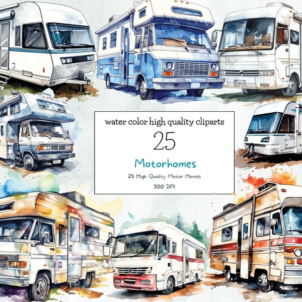 25 Watercolor Motorhomes Clipart PNG Bundle