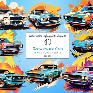 40 Retro Muscle Cars Clipart PNG Bundle