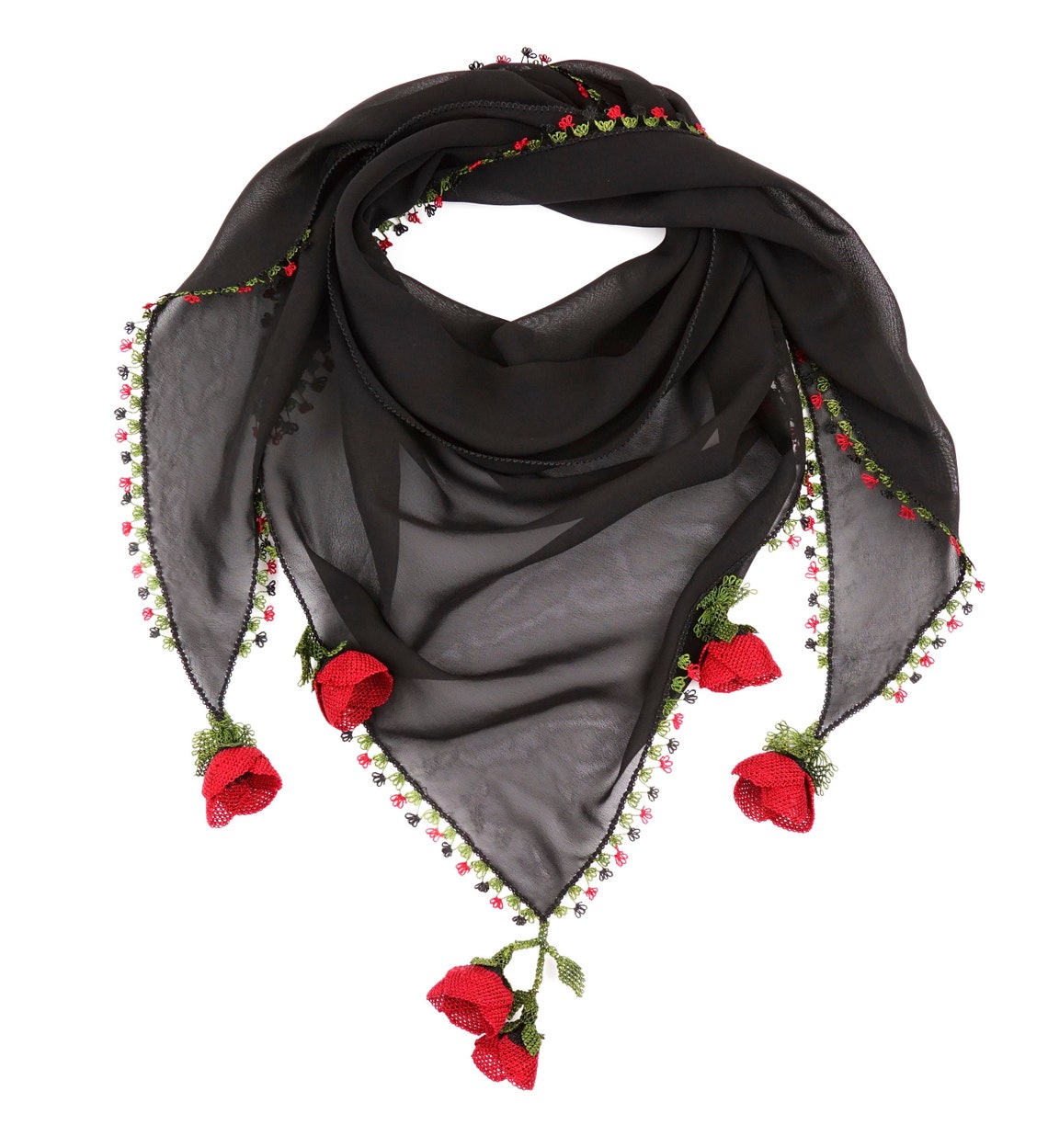 Black Chiffon Scarf, Triangle Scarf, Needle Lace Scarf, Oya Scarf ...