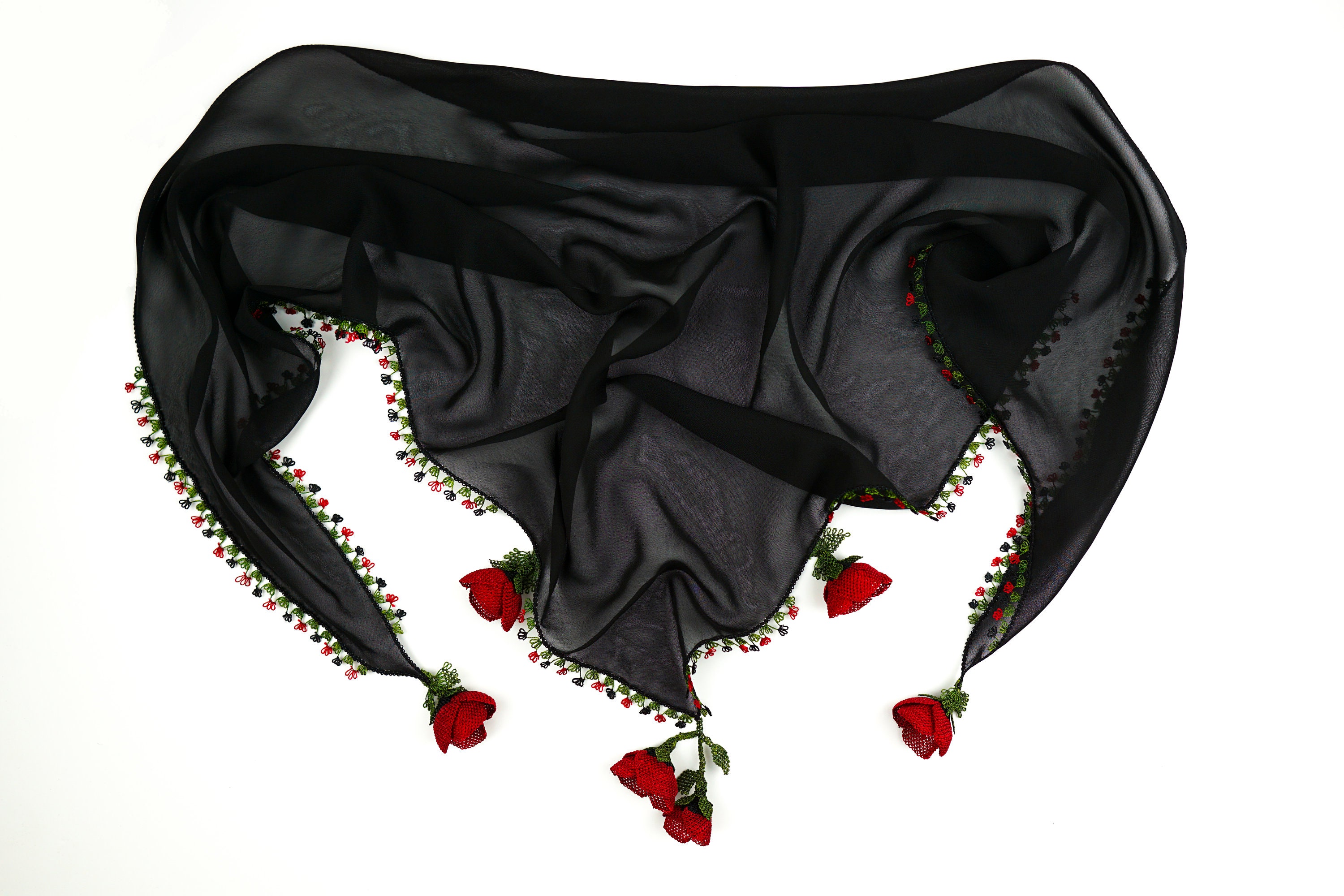 Black Chiffon Scarf, Triangle Scarf, Needle Lace Scarf, Oya Scarf ...