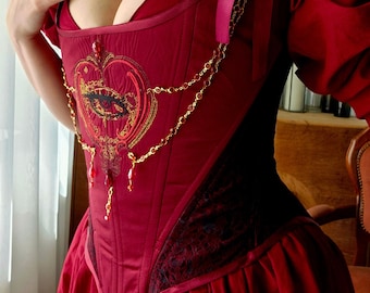 Bordeaux heart, witch corset inspired by the 18th century.Dark red corset, gothic satin corset, size 8-10 UK or size M EU
