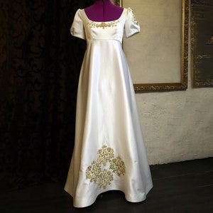 Custom  made ,Daphne Bridgerton inspired regency dress, Ivory Regency Empire Gown with golden embroidery, size 4 -20 UK, 2-16 USA