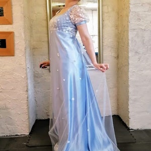 Custom made Daphne Bridgerton inspired dress, sky blue and ivory lace satin dress, size 4 -20 UK, 2-16 USA