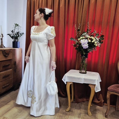 Custom Regency Dress: Ivory Empire Gown with Gold Embroidery Custom Regency Dress: Ivory Empire Gown with Gold Embroidery