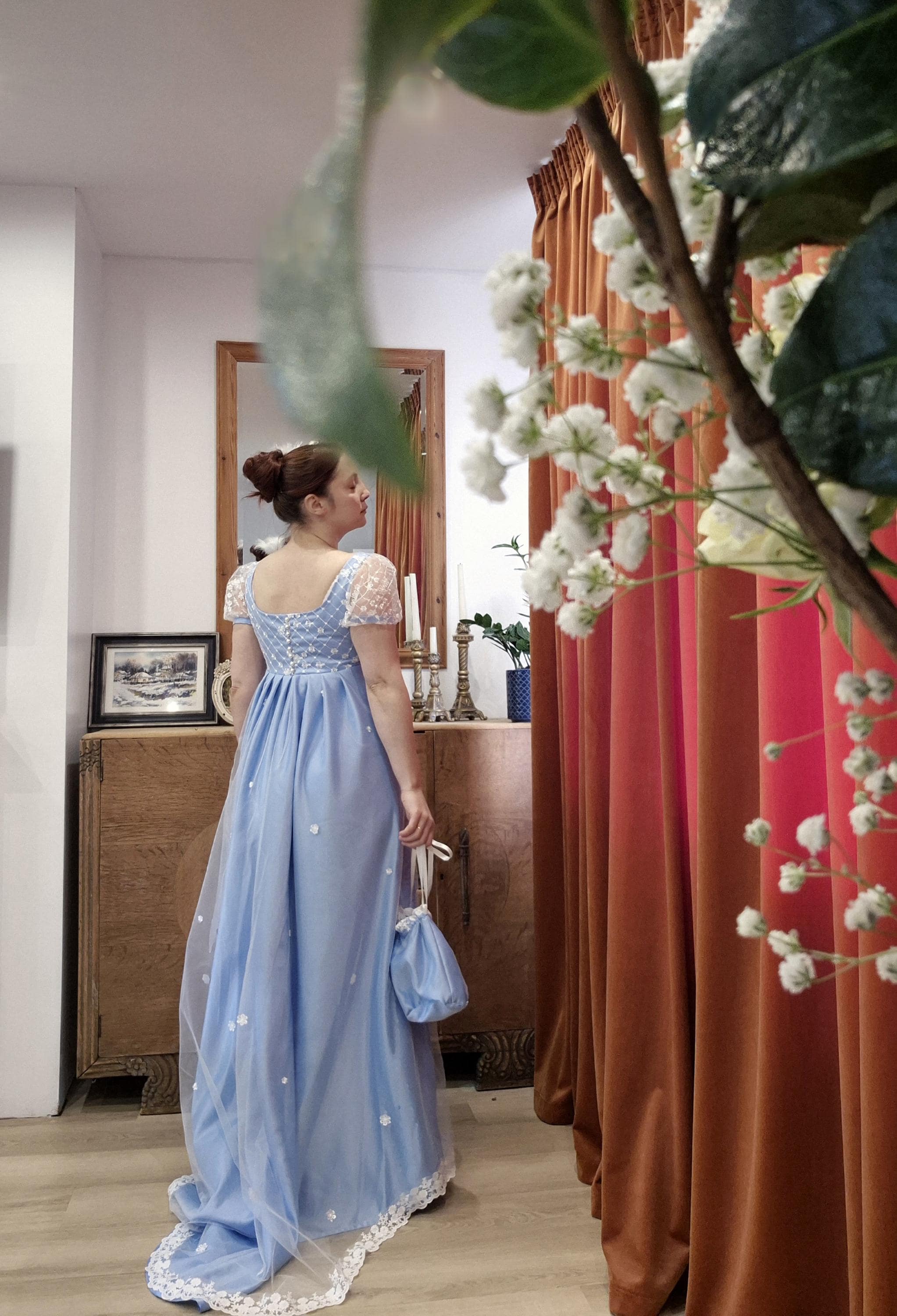 Custom Daphne-Inspired Dress: Sky Blue Satin and Ivory Lace, Regency Gown.