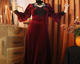Victorian Burgundy Velvet Dress: Gothic Lace Appliqué, UK 10