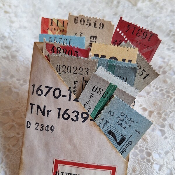 Small colorful ticket set, original German vintage tickets, cinema tickets, entrance tickets, cloakroom tickets, gift idea