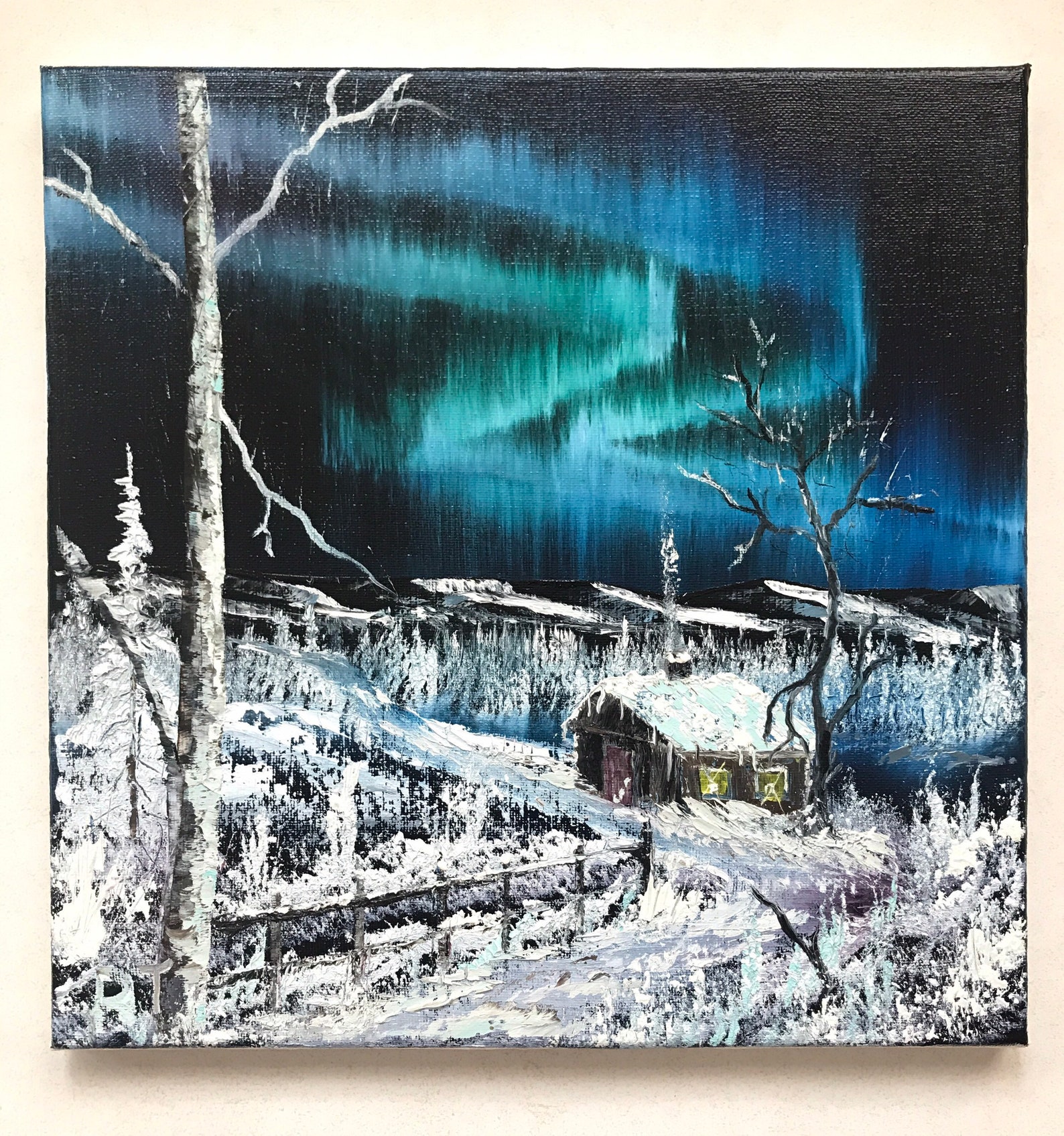 Oil painting House and northern light Etsy