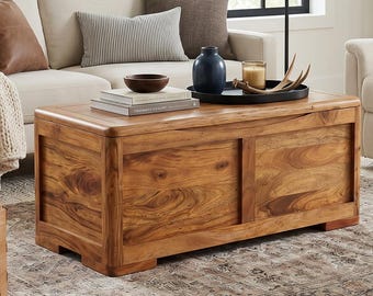 Acacia Wood Coffee Table with Storage; Large Wooden Trunk, Rustic Blanket Box, Handcrafted Storage Chest, Solid Wood Living Room Furniture
