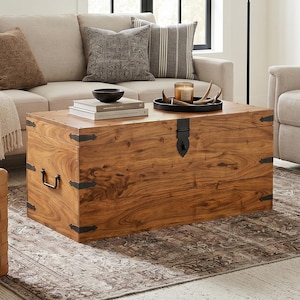 May include: A living room setting with a beige sofa, cushions, and a wooden trunk used as a coffee table. A woven leather ottoman sits nearby. The room is decorated with framed art, a floor lamp, and a patterned rug.