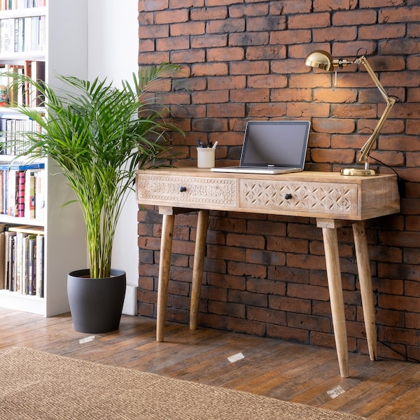 Destressed Mangowood Computer Desk with Carved Drawers