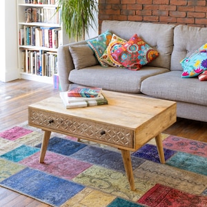 Mango wood Coffee table with hand carved drawer distressed lime washed