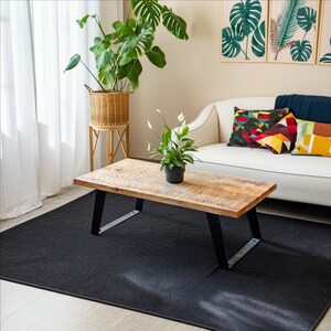 Mangowood Coffee Table with Carved Geometric Pattern and Iron Bracket Legs by Naturallivingonline image 2