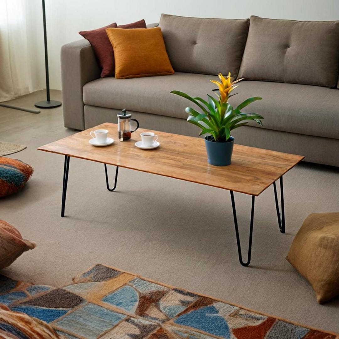 Acacia Wood Coffee Table With Black Iron Hairpin Legs by ...