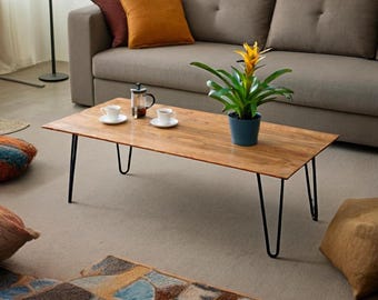 Acacia Wood Coffee Table with Black Iron Hairpin Legs by Naturallivingonline