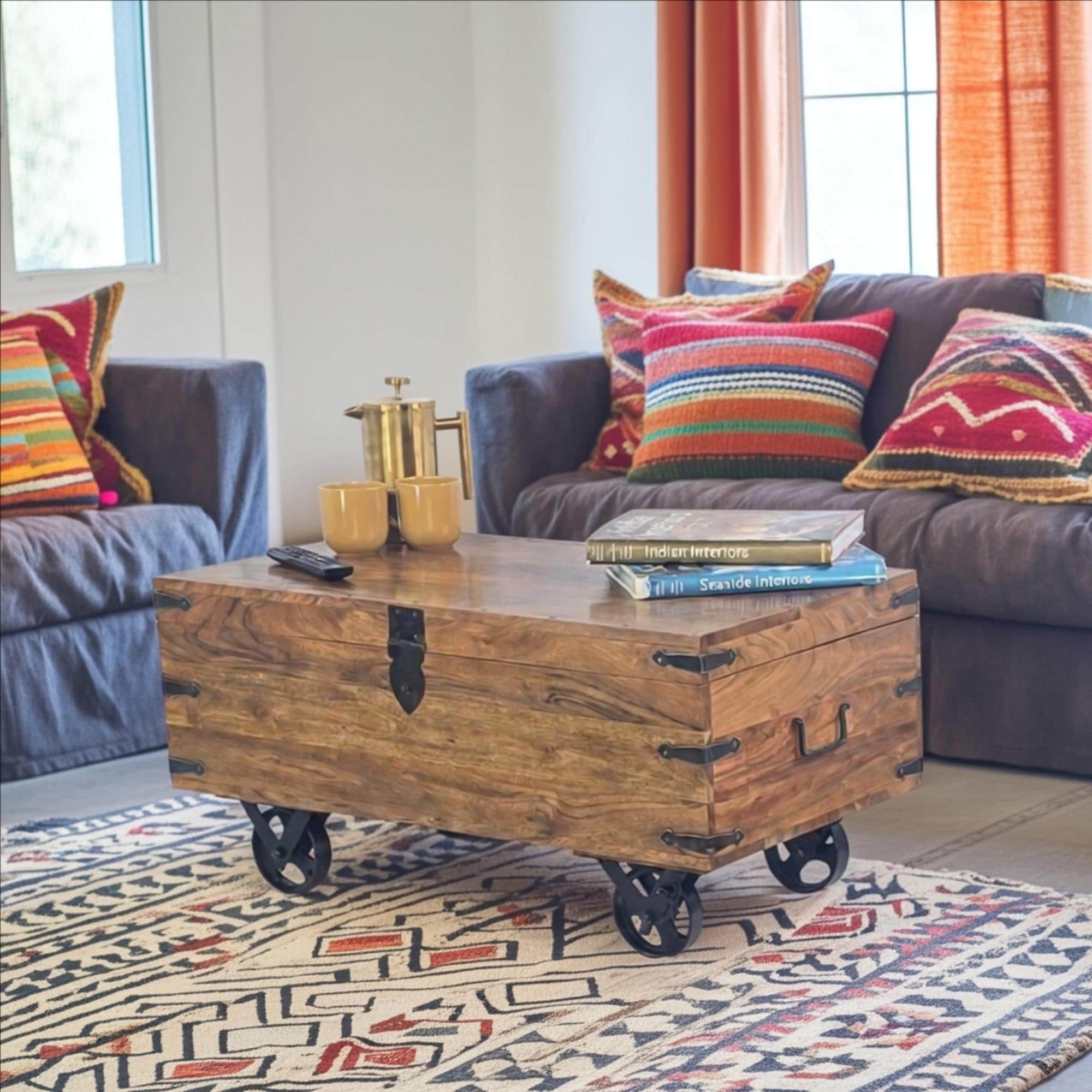 Acacia Wood Trunk Coffee Table on Wheels: Rustic Storage Blanket
