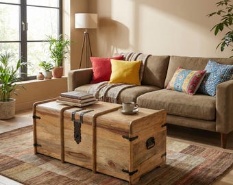 Marina Mangowood Coffee Table with Storage - Large Handcrafted Trunk - Sustainable Rustic Blanket Box & Living-room centre-piece
