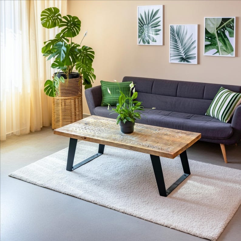 Mangowood Coffee Table with Carved Geometric Pattern and Iron Bracket Legs by Naturallivingonline image 3